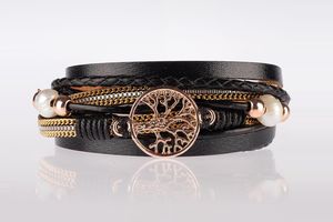 Armband leer met levensboom en parels (zwart)