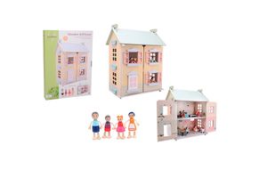 Maison de poupée en bois avec 15 meubles et 4 poupées