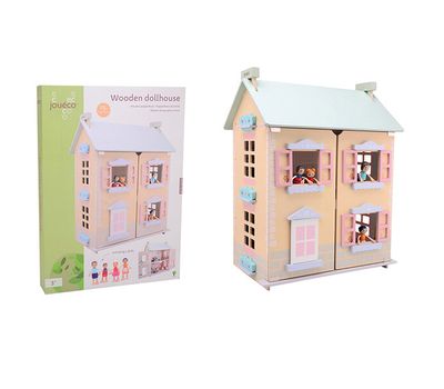 Maison de poupée en bois avec 15 meubles et 4 poupées