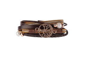 Armband leer met levensboom en parels (bruin)